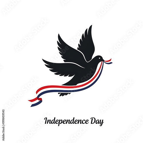 Independence Day dove silhouette with patriotic ribbon, flying bird of peace in red white and blue colors, national holiday celebration graphic