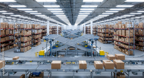 Automated warehouse with conveyor belts moving cardboard boxes logistics distribution center.