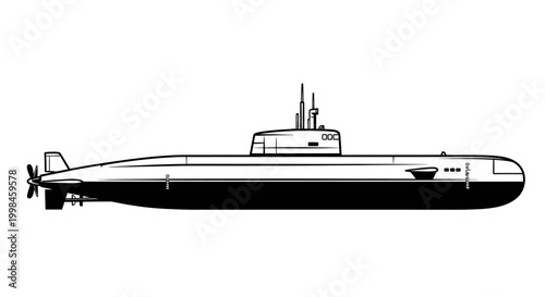 Black and white illustration of a submarine isolated on a white background