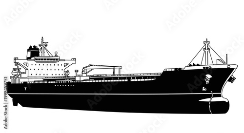 Black and white tanker ship illustration on white background