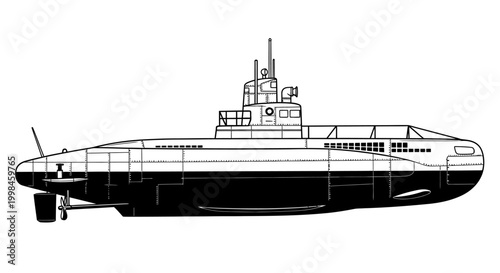 Black and white submarine illustration naval vessel isolated on white background