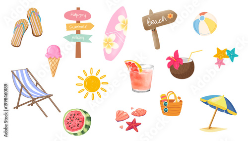 A collection of vibrant colorful summer beach icons including flip flops, surfboard, ice cream, cocktail, beach chair, umbrella, and more on a clean white background