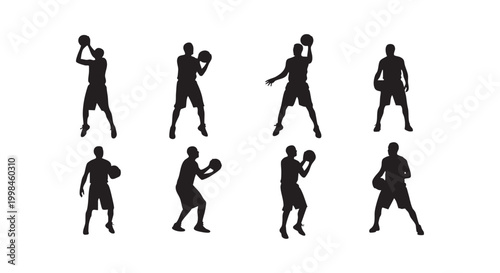 Basketball players in action poses silhouette collection showing athletes throwing ball to hoop during competitive game.
