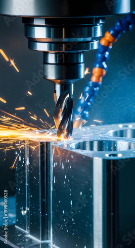 CNC milling machine cutting metal with coolant and sparks, showcasing precision manufacturing process.