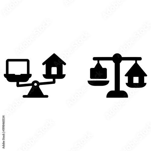 Work Life Balance and Career Harmony Icons Set & Minimalist Solid Black Silhouette of Scales Balancing Laptop and House for Remote Work and Professional Lifestyle