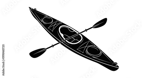 Kayak and paddle silhouetted against white background for recreational use