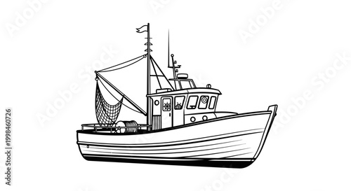 Line drawing of a fishing boat on a white background isolated vector art