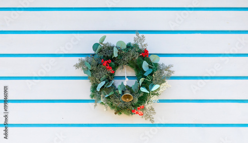 Christmas Wreath on Blue and White Striped Palheiro Beach House, Costa Nova, Aveiro, Portugal