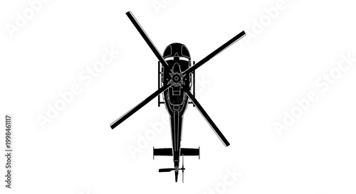 Overhead view of a detailed black helicopter silhouette on a clean white background