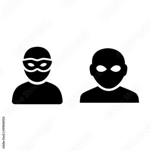 Anonymous User and Incognito Mode Icon Set, Solid Black Silhouettes of Masked Person and Hidden Profile, Concept for Privacy, Hacking, and Cyber Security Protection