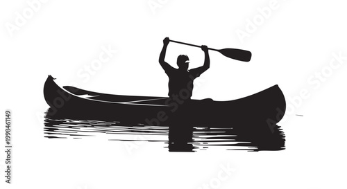 Black silhouette of a person paddling a canoe on water surface for outdoor sports and recreational activity themes.