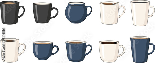 Coffee Mug Vector Set Featuring Multiple Ceramic Cup Designs In Black Blue And White For Hot Drinks Cafe Breakfast And Kitchen Graphic Designs