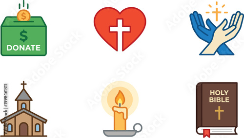 Donation box and religious symbols illustrate acts of charity and spiritual devotion in a flat graphic style.