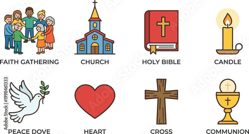 Christian symbols feature a faith gathering, a church, a holy bible, a candle, a peace dove, a red heart, a wooden cross, and a gold communion cup.