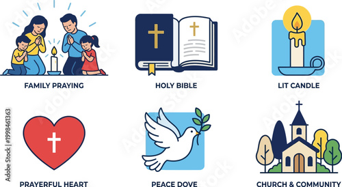 Family praying together alongside holy bible and peace dove icons represent Christian values and faith.