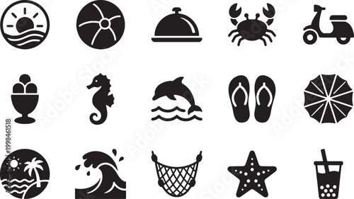 Summer Beach and Tropical Icon Set – Black Silhouette Travel Collection

