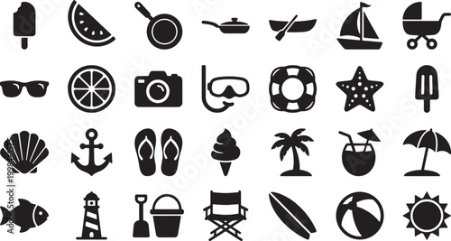 Summer Beach Vacation Icon Set – Black Silhouette Travel and Ocean Symbols Collection