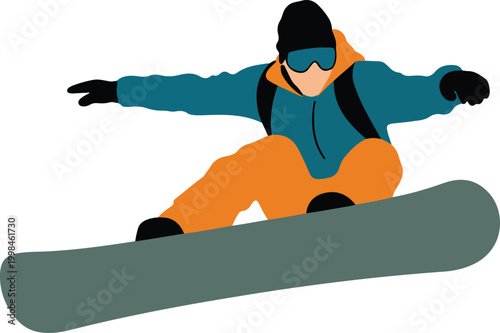 Illustration of snowboarder in midair wearing colorful outdoor winter sports apparel performing extreme trick jump isolated on white background.