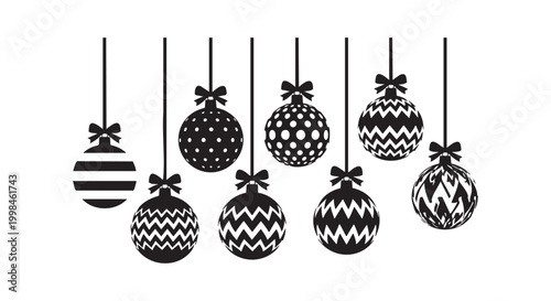 Christmas bauble ornaments with various patterns hanging on ribbon strings isolated in black silhouette graphic set.