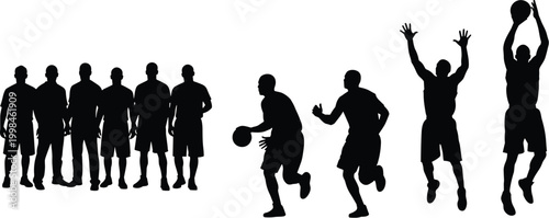 Basketball silhouettes in action, players dribbling, running, shooting, defending, team lineup illustration, dynamic sports vector artwork, minimalist design, athletic figures