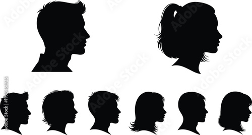 Black human head silhouette vector illustration, profile view design, abstract people artwork, modern graphic motif, minimalist portrait pattern, symmetrical arrangement