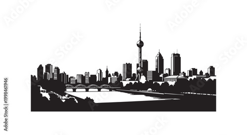 City skyline silhouette with oriental tower landmark standing by riverbank under bright sky in urban cityscape graphic art.