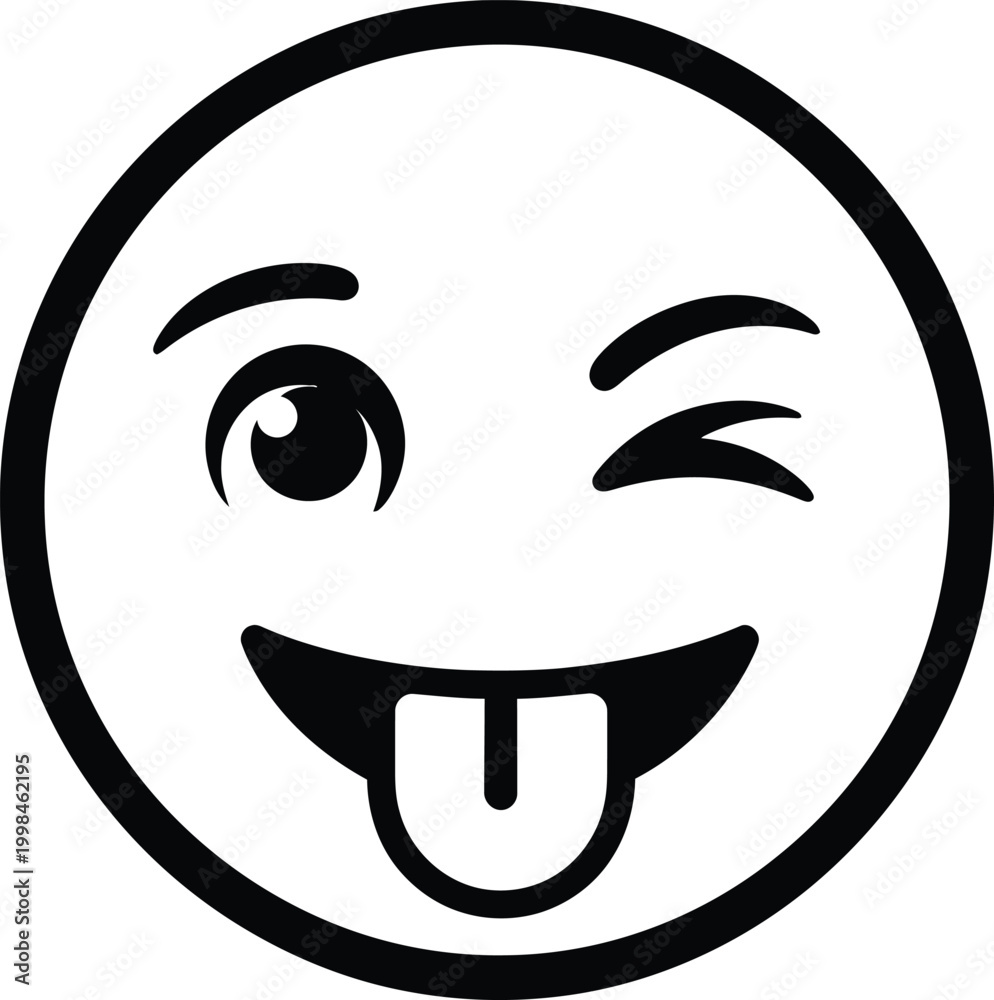 Obraz premium A playful black and white line drawing of a winking smiley face sticking its tongue out conveying a sense of fun and mischief