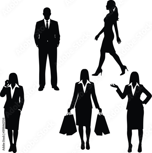 Business professionals silhouette illustration, corporate people vector art, office workers poses, shopping bags, phone call, walking, standing, gesturing design