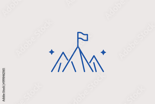 Mountain flag line icon for reaching the summit and overcoming difficult challenges. Adventurous vector illustration for career coaching services and project management milestone tracking.