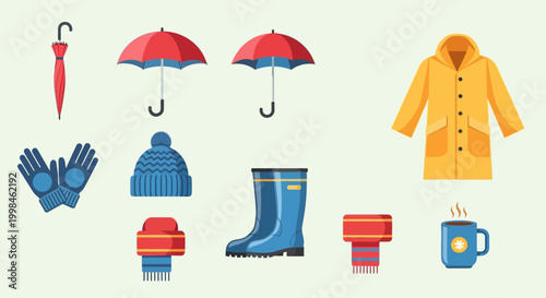Rainy day clothing and accessories.