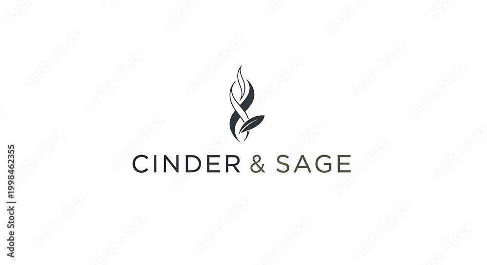 Obraz premium Minimalist Cinder & Sage logo featuring an abstract flame and leaf.