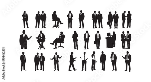 Collection of business people silhouettes in formal suits working at desks talking and standing in professional office.