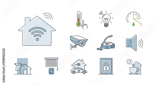 Set of smart home and home automation technology line icons.
