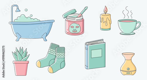 Illustration of self-care items for relaxation and comfort.