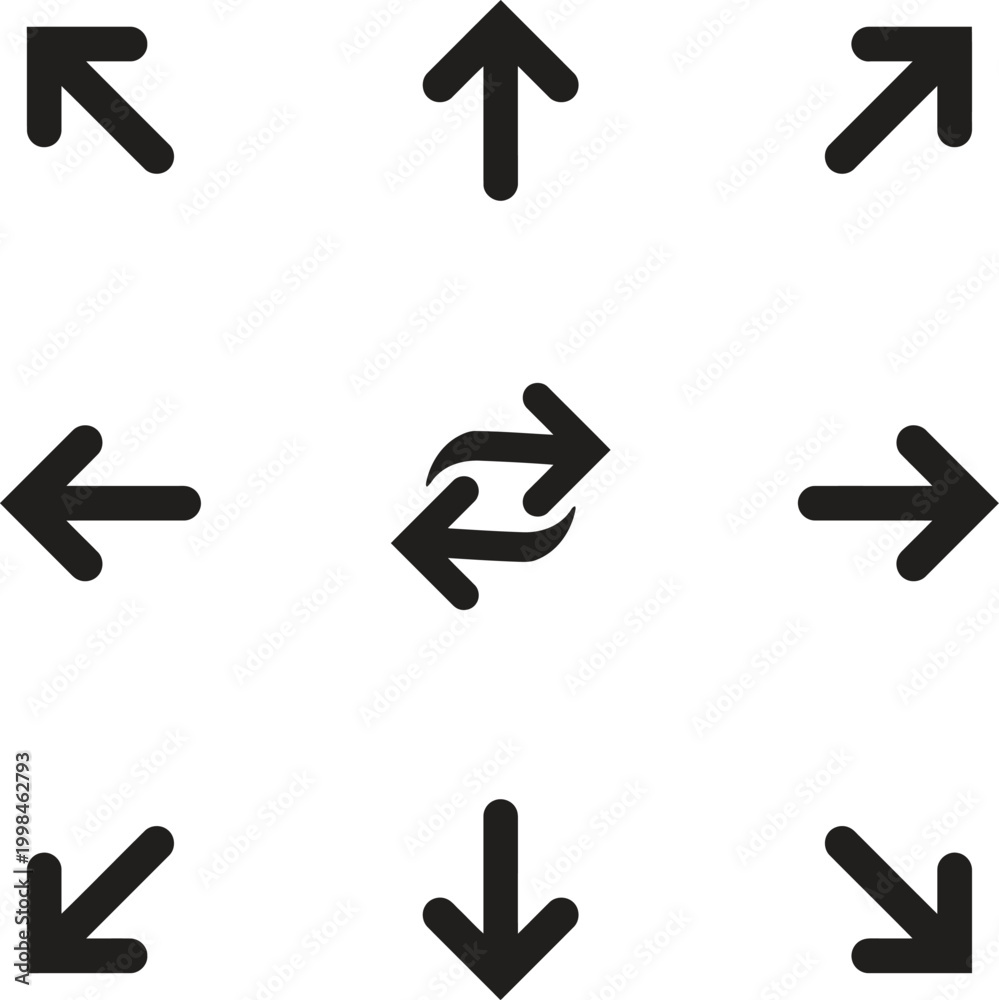 Fototapeta premium Arrows arranged in a symmetrical grid demonstrate clear directional logic for digital interface navigation and user experience design.