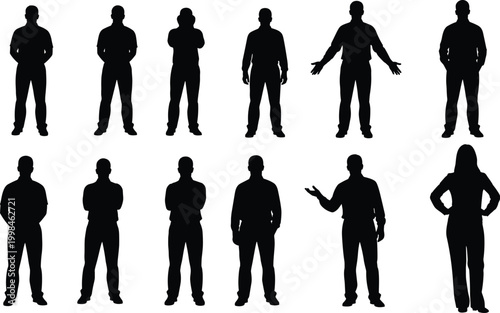 Human silhouettes, standing poses, crossed arms, hands on hips, gesturing figures, relaxed stances, people shapes, posture illustration, vector artwork, design