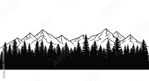 Dramatic mountain range and forest scene presented in black silhouette