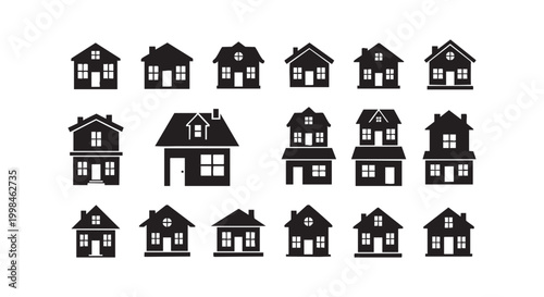 Collection of different house silhouettes set showing various residential building styles isolated on white background.