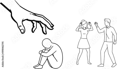 Minimalist vector illustration depicting conflict, bullying, harassment, emotional distress, social issues, mental health awareness, prevention, support, protection, safety