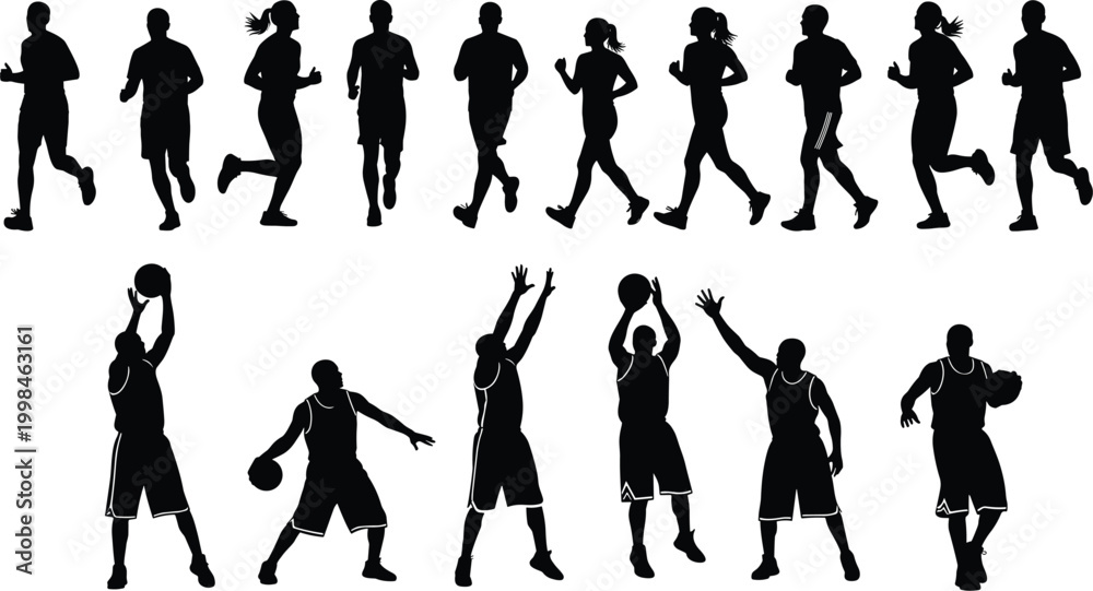 Fototapeta premium Running silhouettes sequence, basketball player silhouettes, athletic motion cycle, fitness vector illustration, human movement study, sports design reference, minimal art, exercise icon