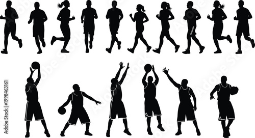 Running silhouettes sequence, basketball player silhouettes, athletic motion cycle, fitness vector illustration, human movement study, sports design reference, minimal art, exercise icon