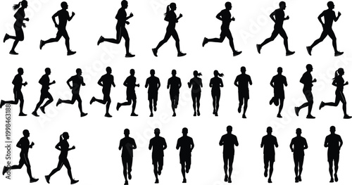 Running silhouettes sequence, jogging motion cycle, athletic figures vector, fitness illustration, human movement study, sports design reference, minimal art, exercise icon