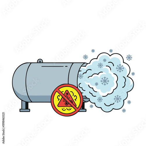 Large horizontal cryogenic storage tank leaking vapor.