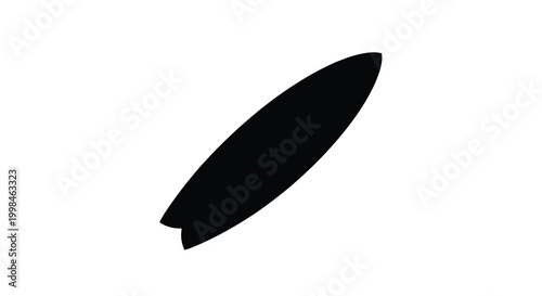 A sleek black surfboard is prominently displayed as a striking silhouette