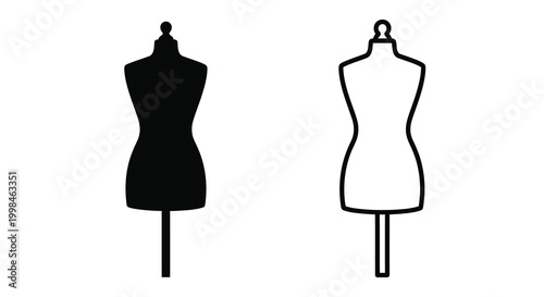 Two dress forms one filled and one outline black and white silhouette