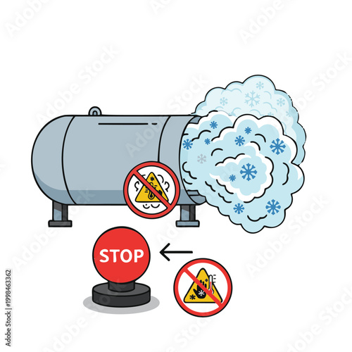 Emergency stop button near leaking industrial gas tank.