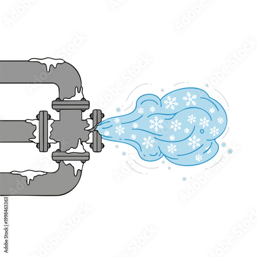 Leaking industrial pipe system with freezing gas mist.