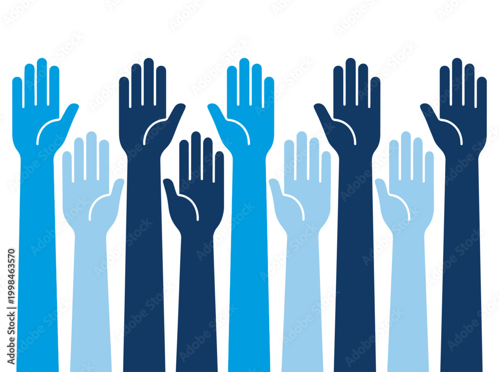 Fototapeta premium Group of Diverse Raised Hands Illustration - Concept for Volunteering, Voting, Community, and Teamwork Participation