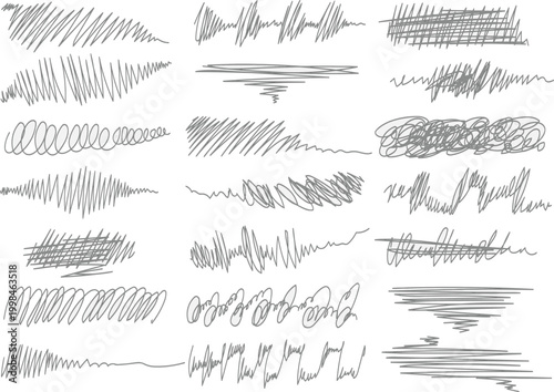 Scribbles appear as a diverse collection of hand-drawn graphite marks arranged in a grid to serve as an artistic design element for creative projects.