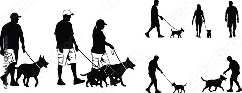 Silhouette people walking dogs, casual outdoor activity, pet care, companionship, lifestyle vector illustration, animal bond, modern design, black white artwork